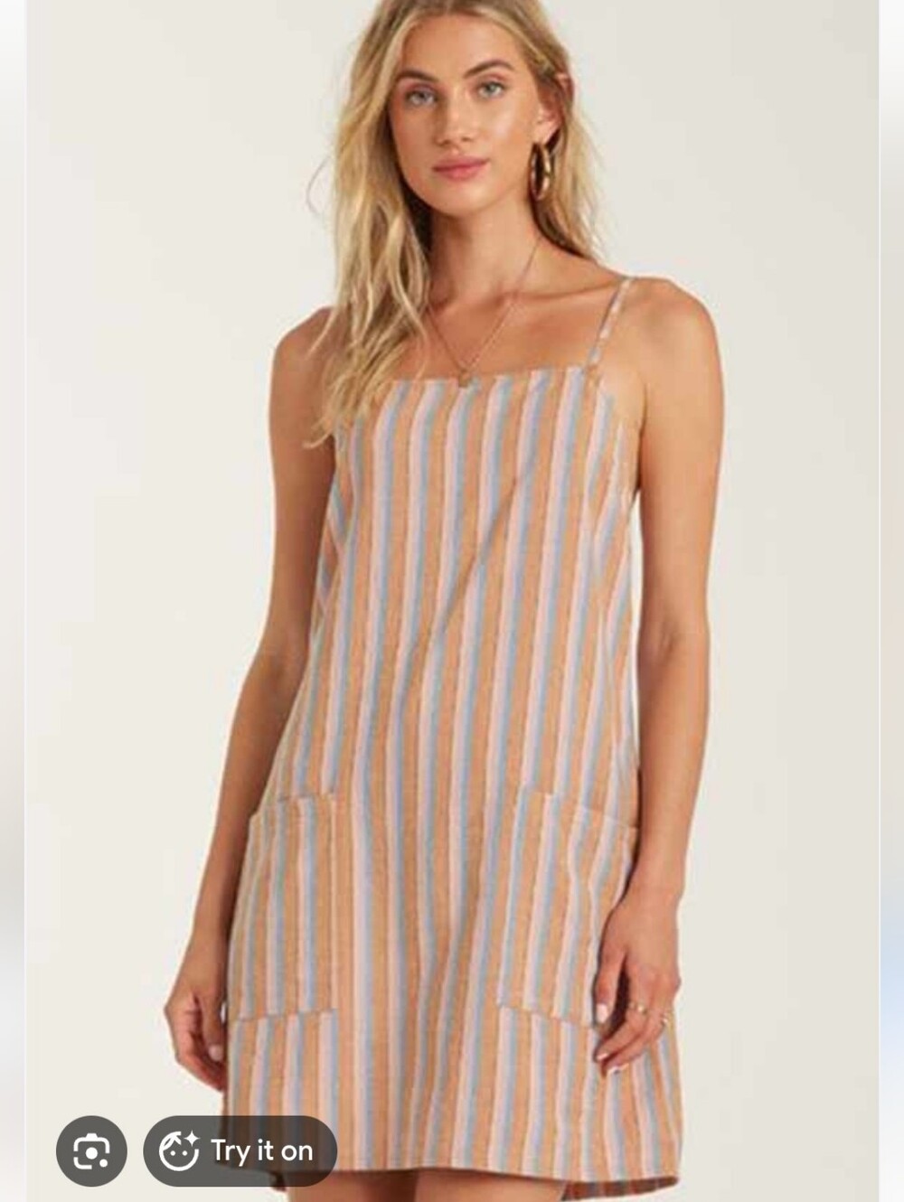 Billabong Striped Sleeveless Shift Dress With Pockets! Beach Casual Coastal NWT